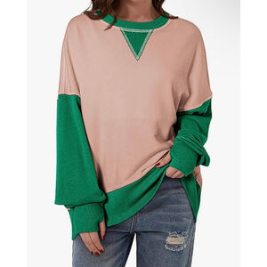 Womens Crewneck Loose Fit Color Block Sweatshirt Pink/green